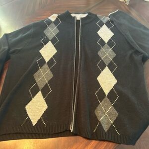 Adolfo Black and Gray Argyle Zip-Up Sweater